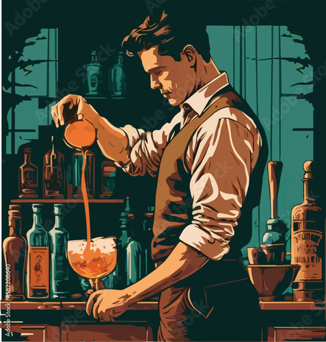 Vector illustration of a bartender in a bar, vintage style.