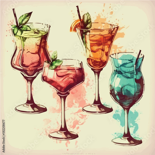 Vintage drawing cocktails. Retro poster, abstract drawing of alcoholic cocktails. Vector elements.