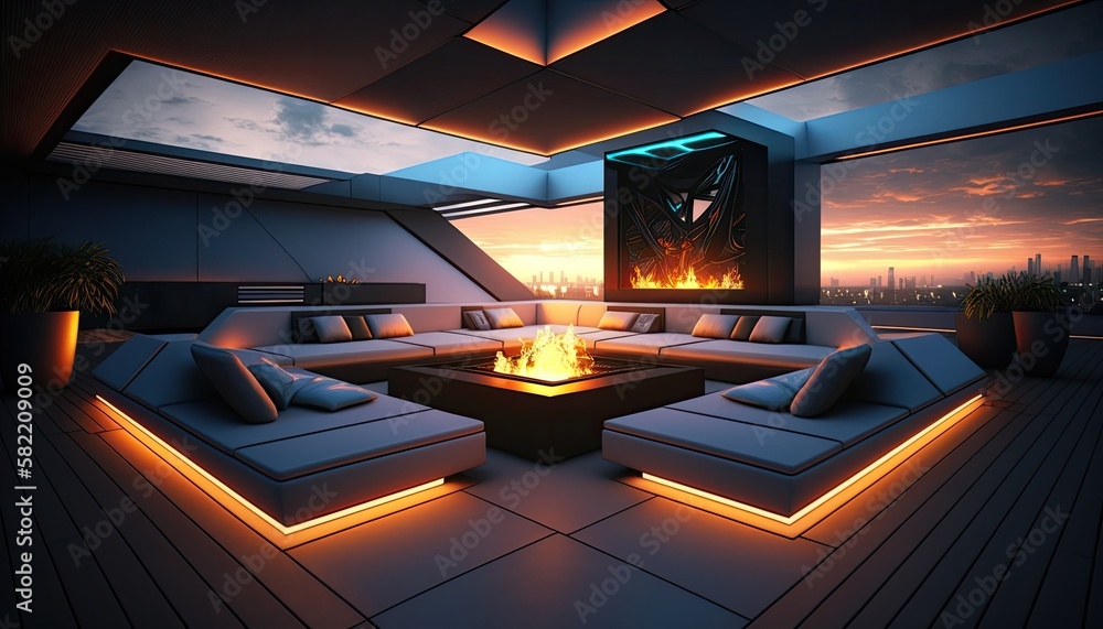 A futuristic outdoor lounge set on a sleek and modern rooftop, complete ... - Outdoor Spaces With A Modern Edgy Aesthetic