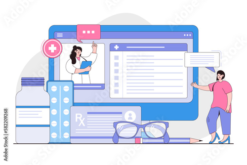 Health care services and online telemedicine concept. Woman patient chatting on medical internet portal and having consultation with doctor. Outline minimal vector illustration for landing page