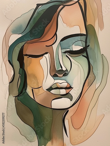 Abstract watercolor painting of a woman's face with long flowing hair in earth tone muted colors, line art with watercolors of brown, sage green, beige, blue, teal and orange colors. Generative AI