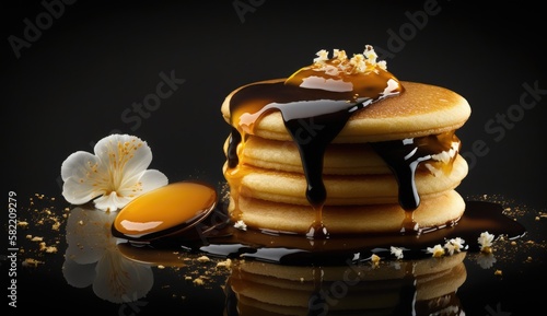 A stack of fluffy pancakes topped with butter and syrup on a black background. The golden brown tones and playful arrangement create a fun and indulgent atmosphere. generative ai © Creative Station