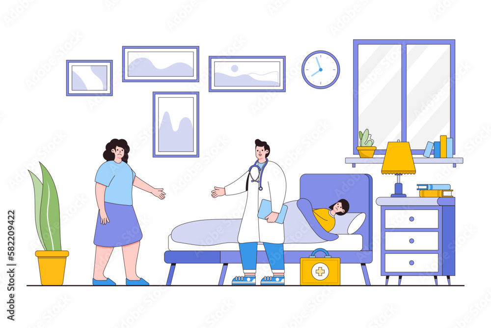 Medical care and treatment concept. Medical doctor talking with worried mother. Outline design style minimal vector illustration for landing page, web banner, infographics, hero images