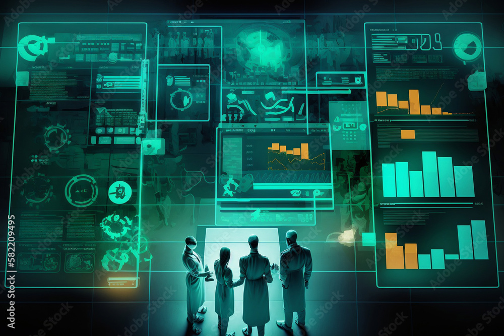 Planning, teamwork or overlay of doctors, nurse or medical healthcare digital data schedule in lobby top view, generative ai Planning, teamwork or overlay of doctors, nurse or medical healthcare digital data schedule in lobby top view, generative ai