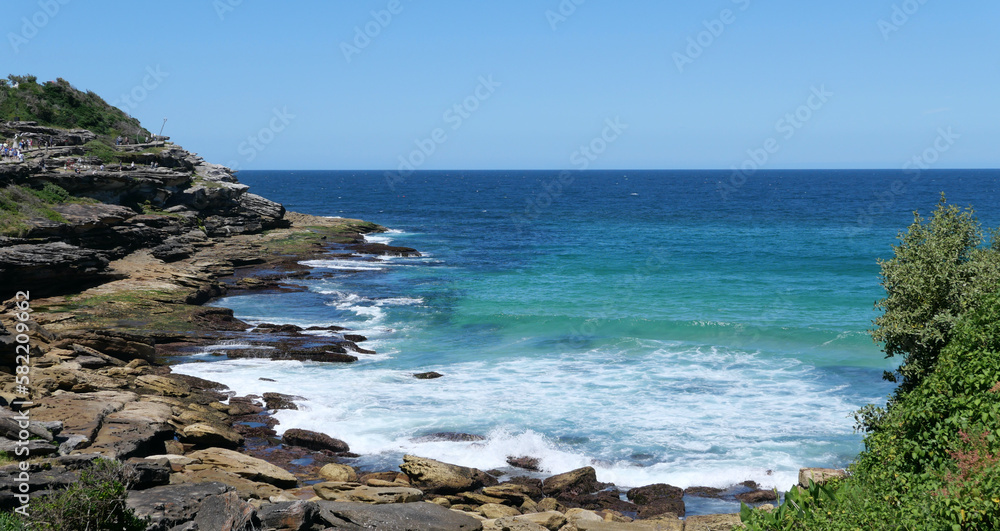 Waves crashing onto rocks in foreground with bushes to side