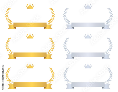 Valokuvatapetti 王冠とリボンのついた金と銀の月桂樹フレームセット