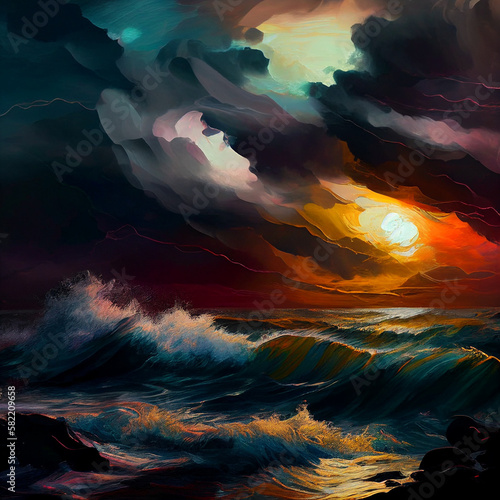 ipressionism dark cloudy sunset over the stormy ocean shore, huge waves, the ocean playing jazz in coatl colors photo