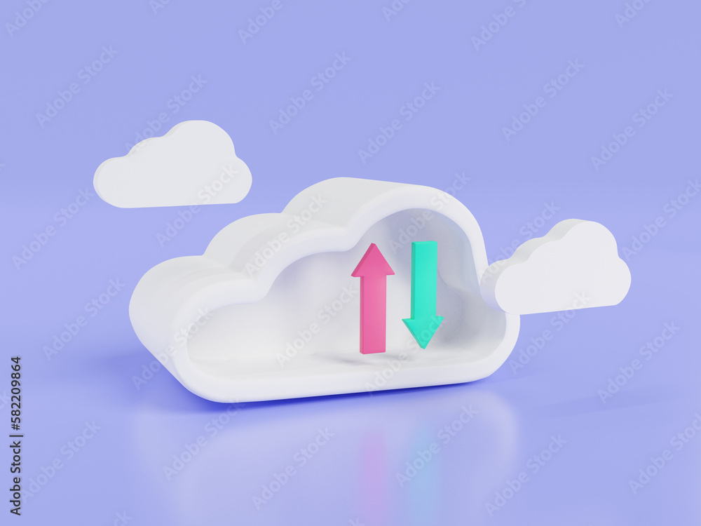 Cloud data transfer and online data storage. Cloud computing, File sharing and collaboration, cloud technology, upload and download data on cloud. cartoon minimal style. 3d icon render illustration Cloud data transfer and online data storage. Cloud computing, File sharing and collaboration, cloud technology, upload and download data on cloud. cartoon minimal style. 3d icon render illustration