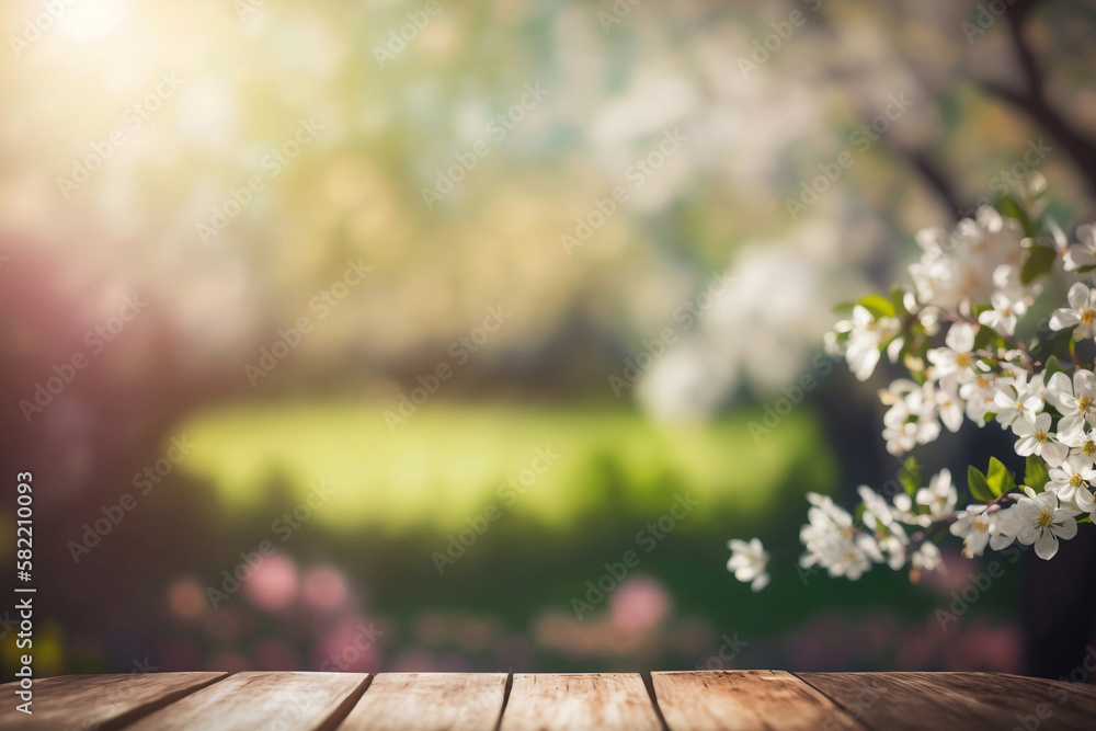 spring flowers on wooden table background, generative ai