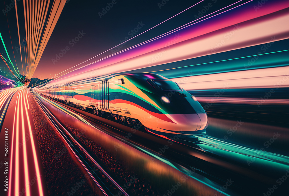 Fototapeta premium High-speed train in motion. Bright neon colors. Generative AI 