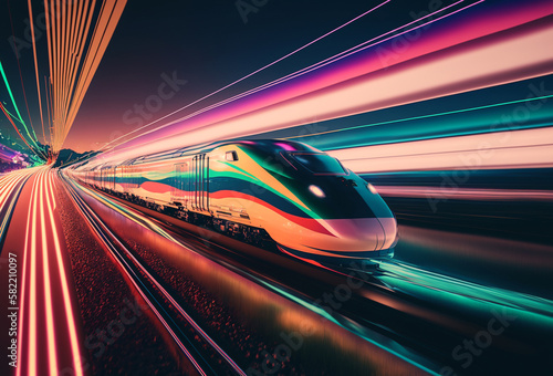 High-speed train in motion. Bright neon colors. Generative AI 