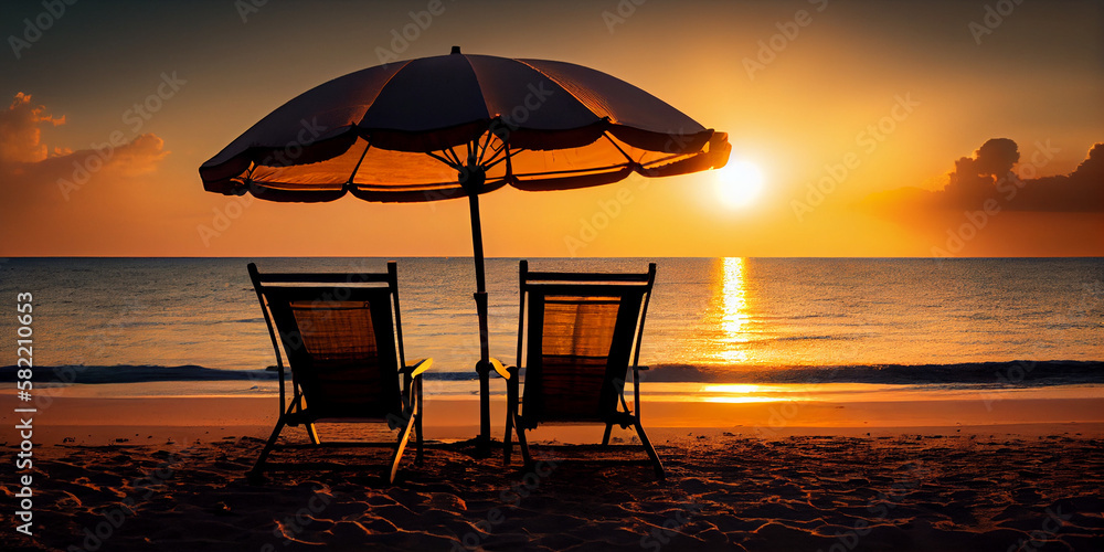 Two Deckchairs Under Parasol In Tropical Beach At Sunset