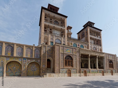 Facade of Shams Ol-Emareh building on the east side of Golestan Palace in Tehran, Iran