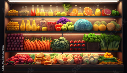 fruits and vegetables on store shelves. Generative AI