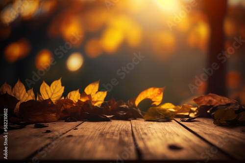 autumn leaves on wood background  generative ai