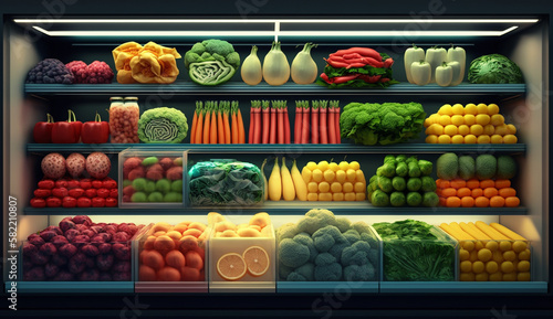 fruits and vegetables on store shelves. Generative AI