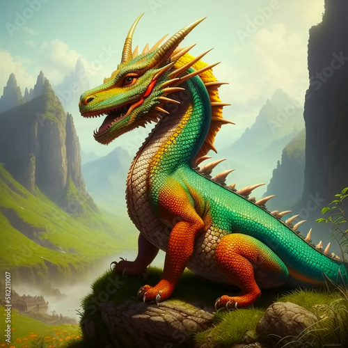 cute baby colorful dragon on mountain background. Generative AI © Sergey Ilin