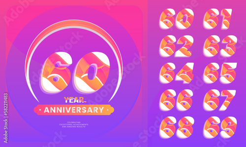 Number sets 60-69 year anniversary celebration.  logotype style with handwriting violet color for celebration event, wedding, greeting card, and invitation. photo