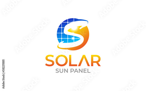 Illustration vector graphic of sun energy solar panels logo design template