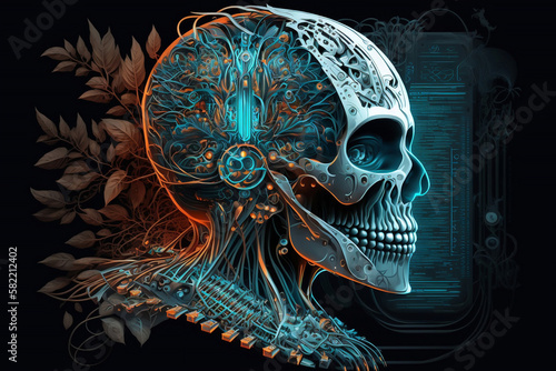 artificial intelligence concept, tech skull, generative ai