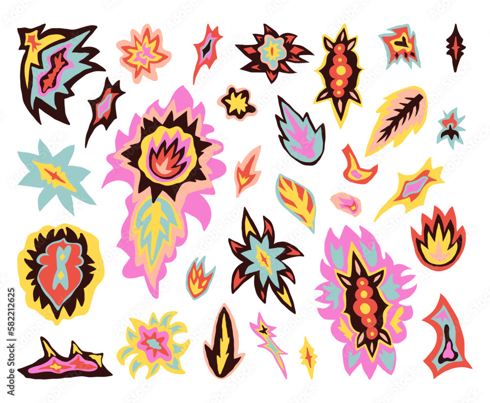 Folk, ethnic, hippie style spots, abstract carpet or rug style shapes, tribal blots. Vector set with 70s retro vibes. Folk, ethnic, hippie style spots, abstract carpet or rug style shapes, tribal blots. Vector set with 70s retro vibes.