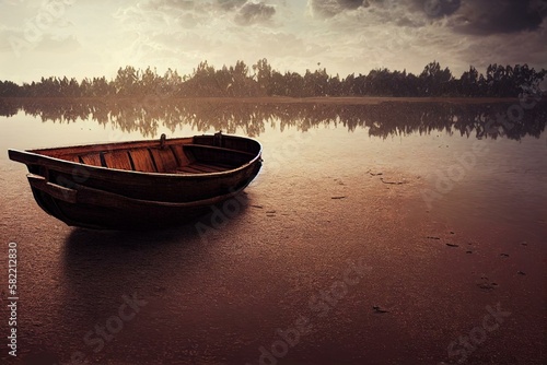 Fotografiet Old rowing boat ran aground, around sand and puddle of water