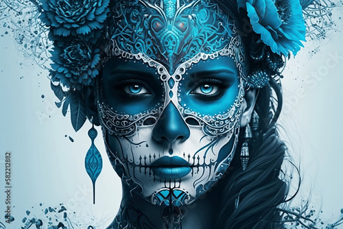 Woman with sugar skull make up, generative ai photo