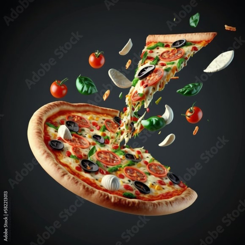 3D Realistic Flying Pizza with Black Background generative ai