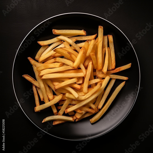 Delicious French Fries Isolated On Black Background. Top Down View.