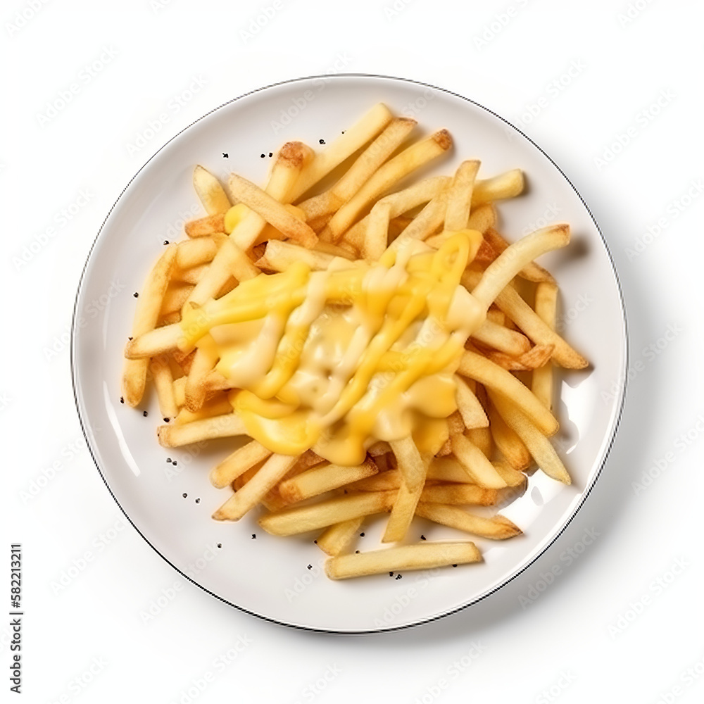Delicious French Fries With Melted Cheese Isolated On White Background. Top Down View. Delicious French Fries With Melted Cheese Isolated On White Background. Top Down View.