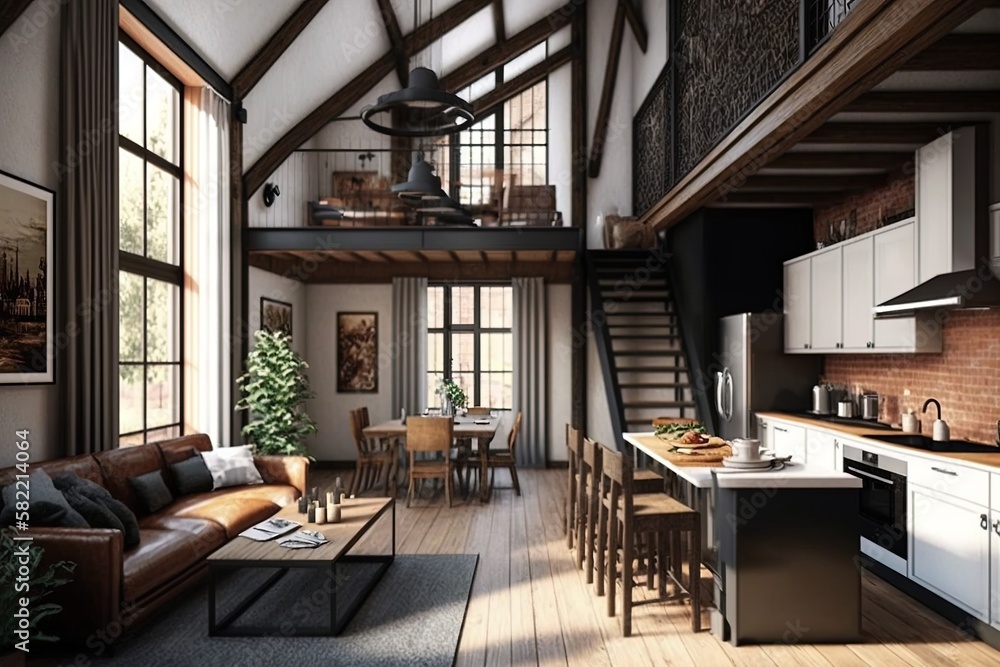 Open kitchen and living room layout for a loft-style home interior ...
