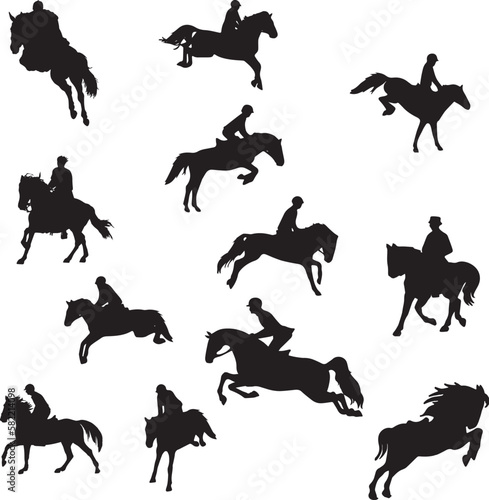 horse riding man silhouette set