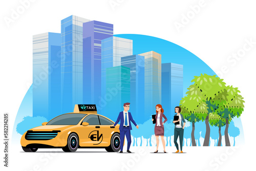 Yellow electric car taxi. Use of electric vehicles in the city. Concept of living in urban society. green energy concept, vector illustration