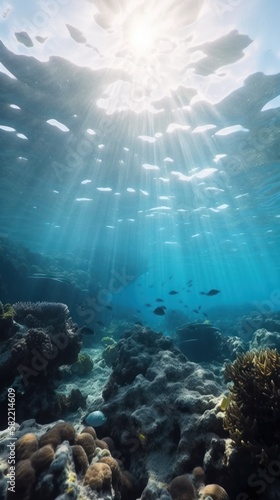 Underwater scene with sun rays. Gen AI