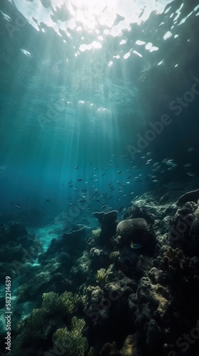 Underwater scene with sun rays. Gen AI