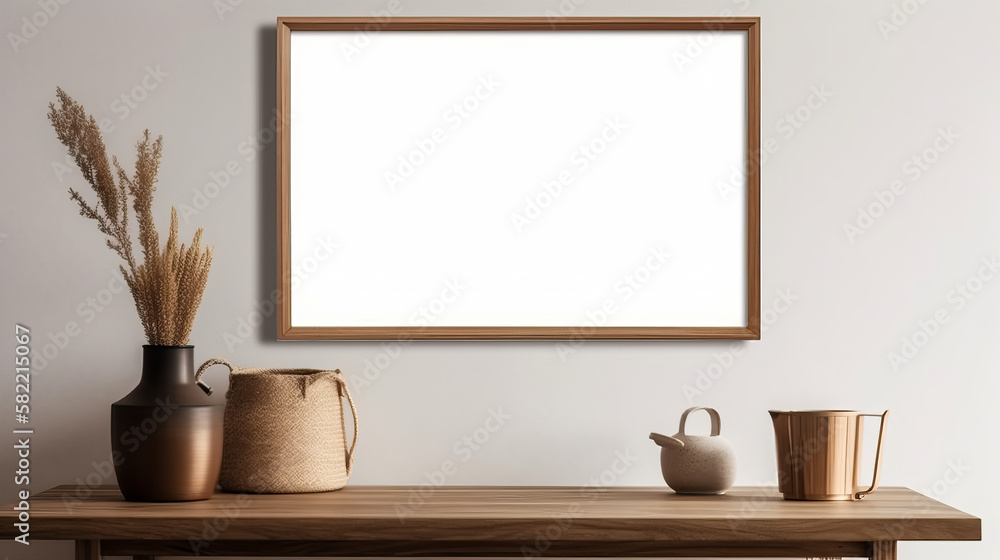 Mockup of a blank picture frame on a modern interior wall. Interior design mock-up template for artwork. A view of a contemporary Scandinavian room featuring a plant in a stylish vase - Generative AI Mockup of a blank picture frame on a modern interior wall. Interior design mock-up template for artwork. A view of a contemporary Scandinavian room featuring a plant in a stylish vase - Generative AI