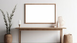 Mockup of a blank picture frame on a modern interior wall. Interior design mock-up template for artwork. A view of a contemporary Scandinavian room featuring a plant in a stylish vase - Generative AI