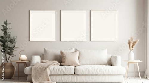 Mockup of a blank picture frame on a white wall. Contemporary living room decor. View of a contemporary room with a sofa in a Scandinavian design. art, painting, photo, poster templates -Generative AI