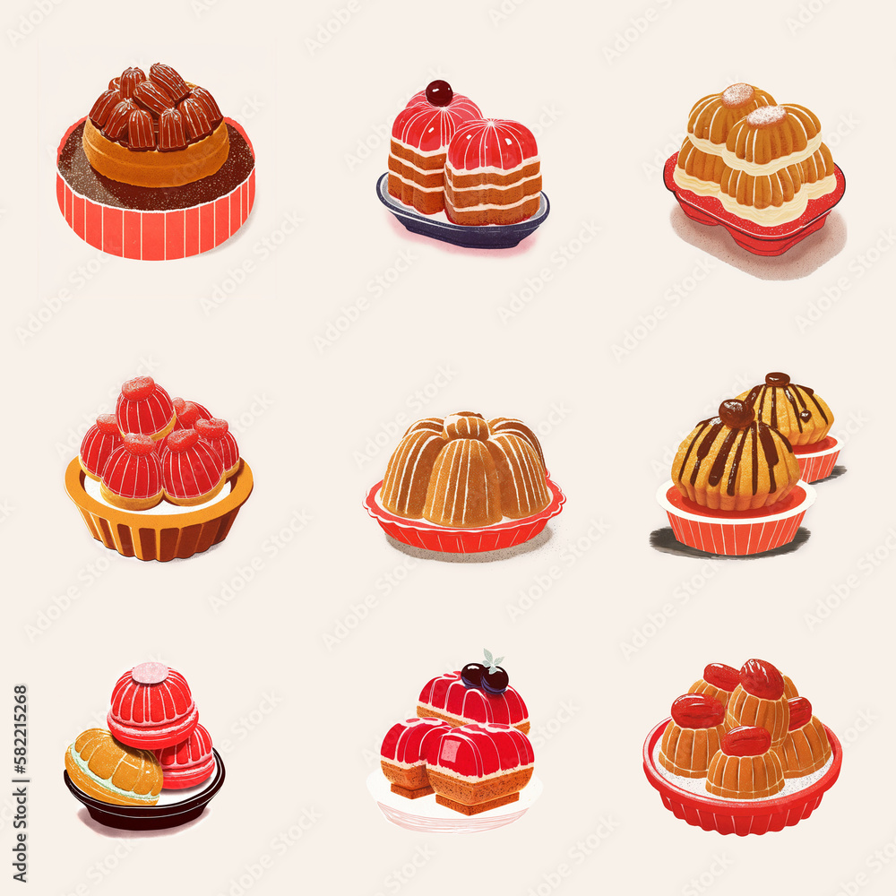 collection of illustrated cakes and sweets, desserts collection of illustrated cakes and sweets, desserts
