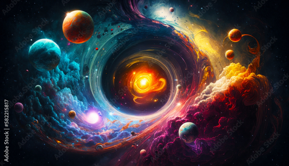 Artist's rendering of solar system with planets and stars in the background. Generative AI.