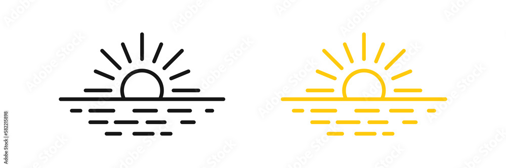 Sunset icon. Sunrise symbol. Sun signs. Sunshine, water symbols. Horizon icons. Black and yellow color. Vector sign. Sunset icon. Sunrise symbol. Sun signs. Sunshine, water symbols. Horizon icons. Black and yellow color. Vector sign.