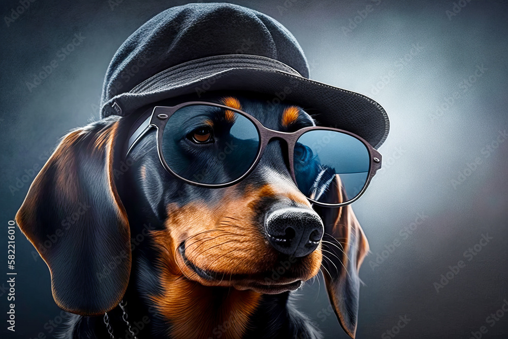 Dachshund wearing sunglasses and hat with chain around its neck. Generative AI.