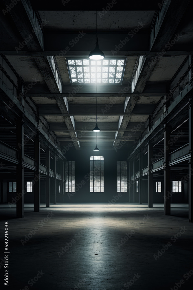 Empty warehouse with bright light coming in from the top of the ceiling and windows on the far side of the room. Generative AI.