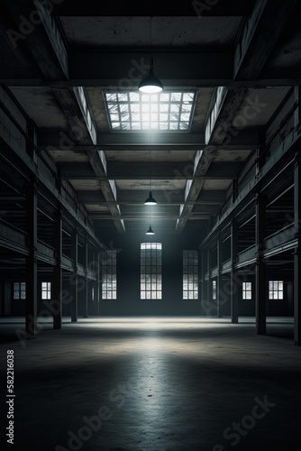 Empty warehouse with bright light coming in from the top of the ceiling and windows on the far side of the room. Generative AI.