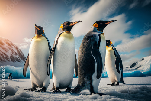 Group of penguins standing next to each other on snow covered ground with blue sky in the background. Generative AI.