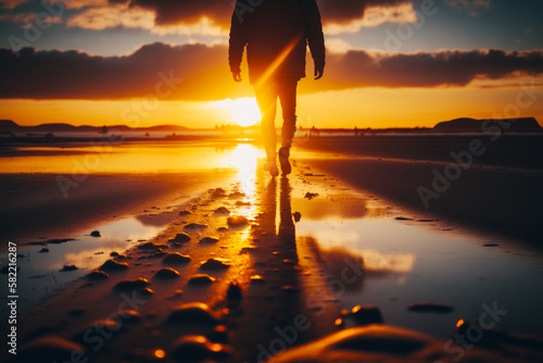 Person walking on beach with the sun setting in the background and clouds reflected in the wet sand. Generative AI.