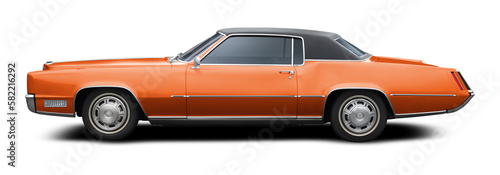 Vintage car side view isolated on white background. Orange convertible with black soft top up.