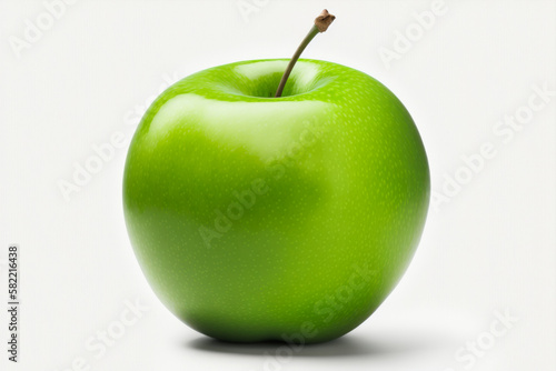 Green apple with stem sticking out of it's center, on white background. Generative AI.