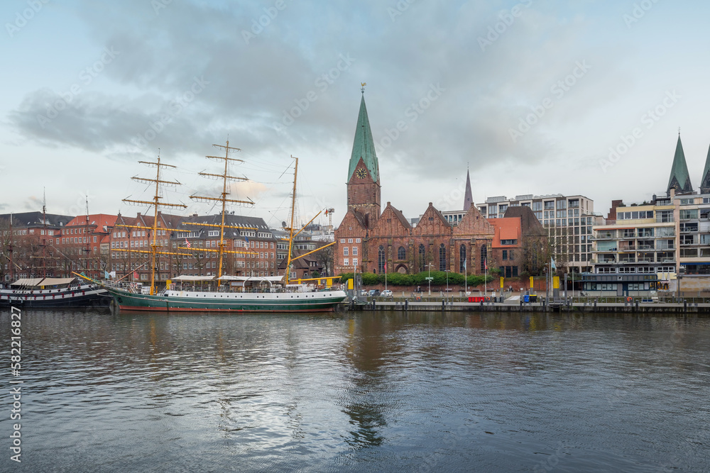 Bremen Skyline with Weser River and  St. Martin Church - Bremen, Germany