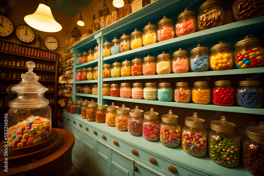 Store filled with lots of different types of candies and candy in glass jars. Generative AI.